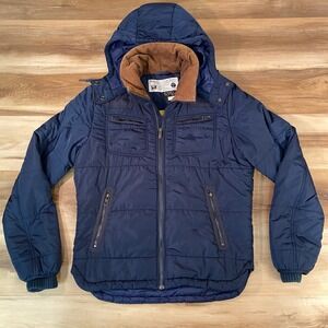 Diesel Men Navy Blue Quilted Puffer Jacket Hooded Large Corduroy Collar